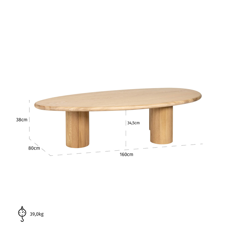 Măsuță de cafea Oakley, stejar natural – desen tehnic cu dimensiuni