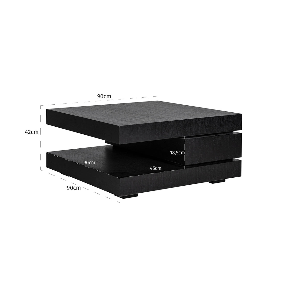 Măsuță de cafea Oakura, negru, 90 x 90 cm – desen tehnic cu dimensiuni
