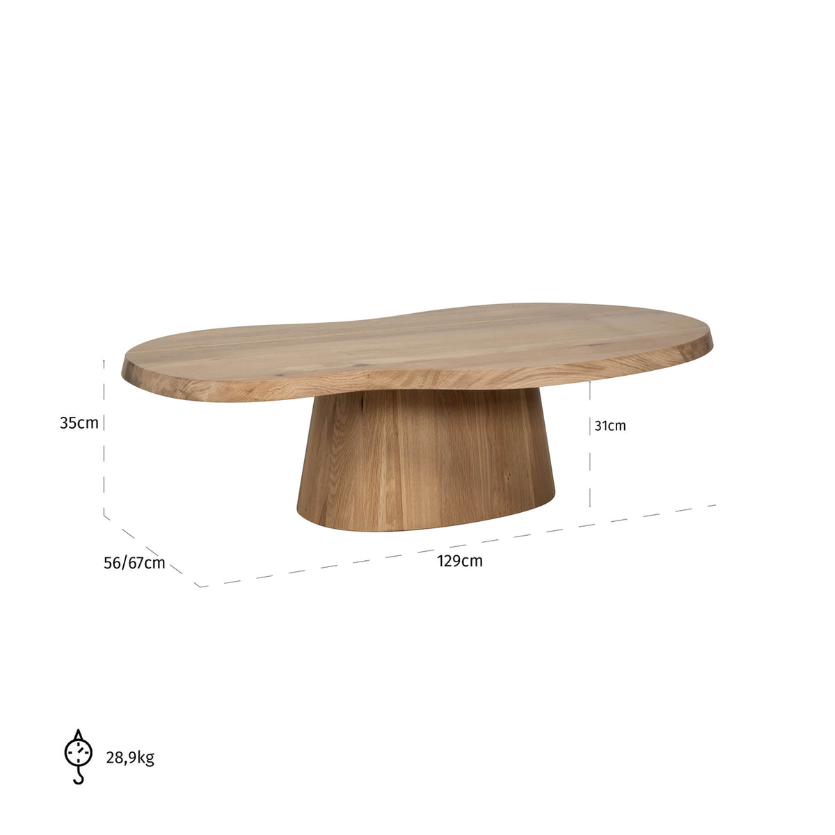 Măsuță de cafea Riva, stejar natural – desen tehnic cu dimensiuni