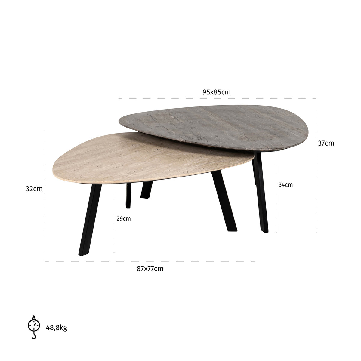 Măsuță de cafea Spencer, bej (set de 2) – desen tehnic cu dimensiuni