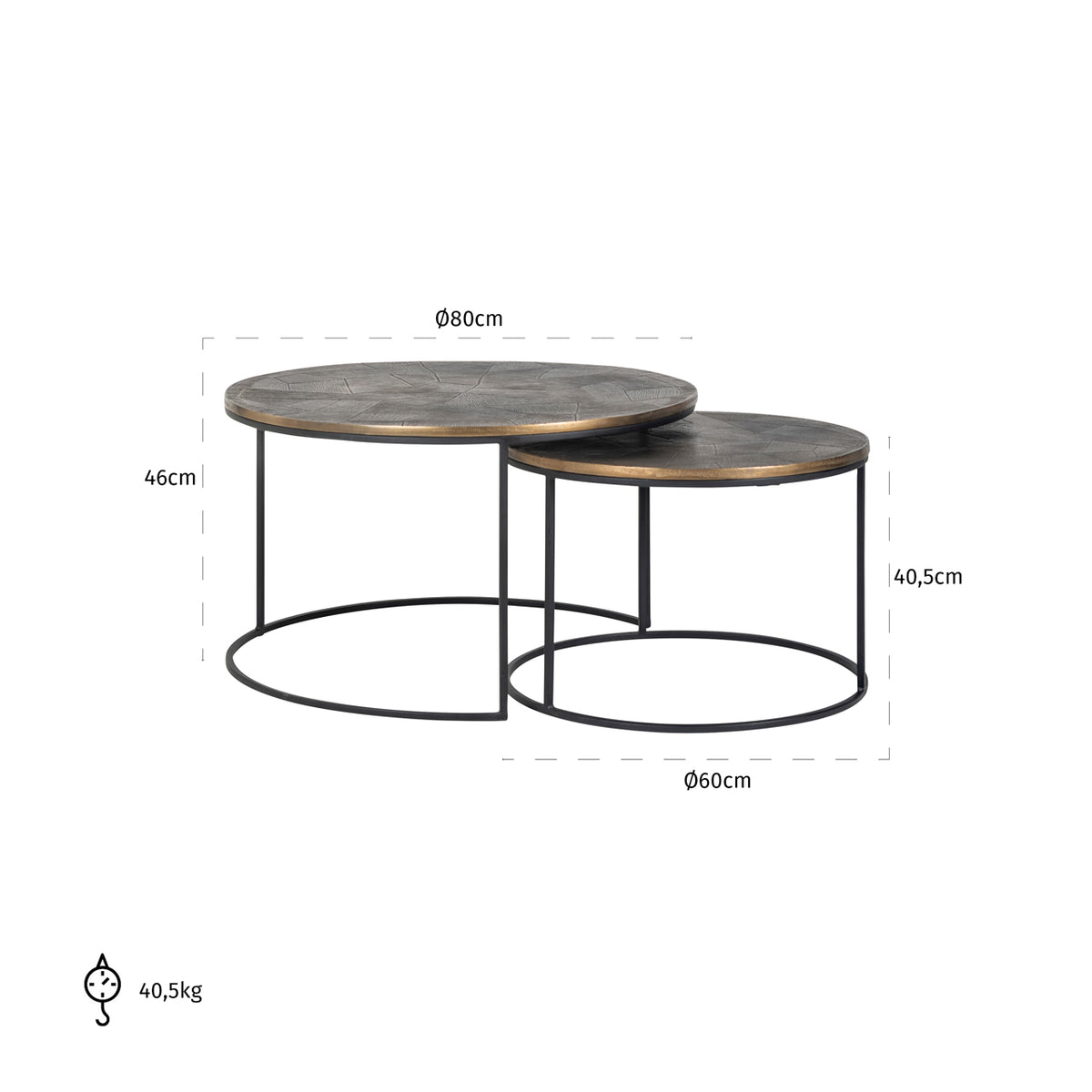 Măsuță de cafea Tulum, auriu periat (set de 2) – desen tehnic cu dimensiuni