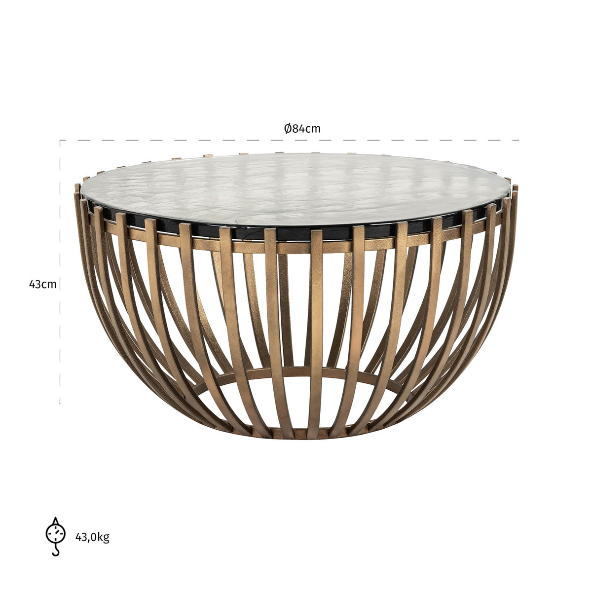 Măsuță de cafea Volante, auriu, Ø 84 cm – desen tehnic cu dimensiuni