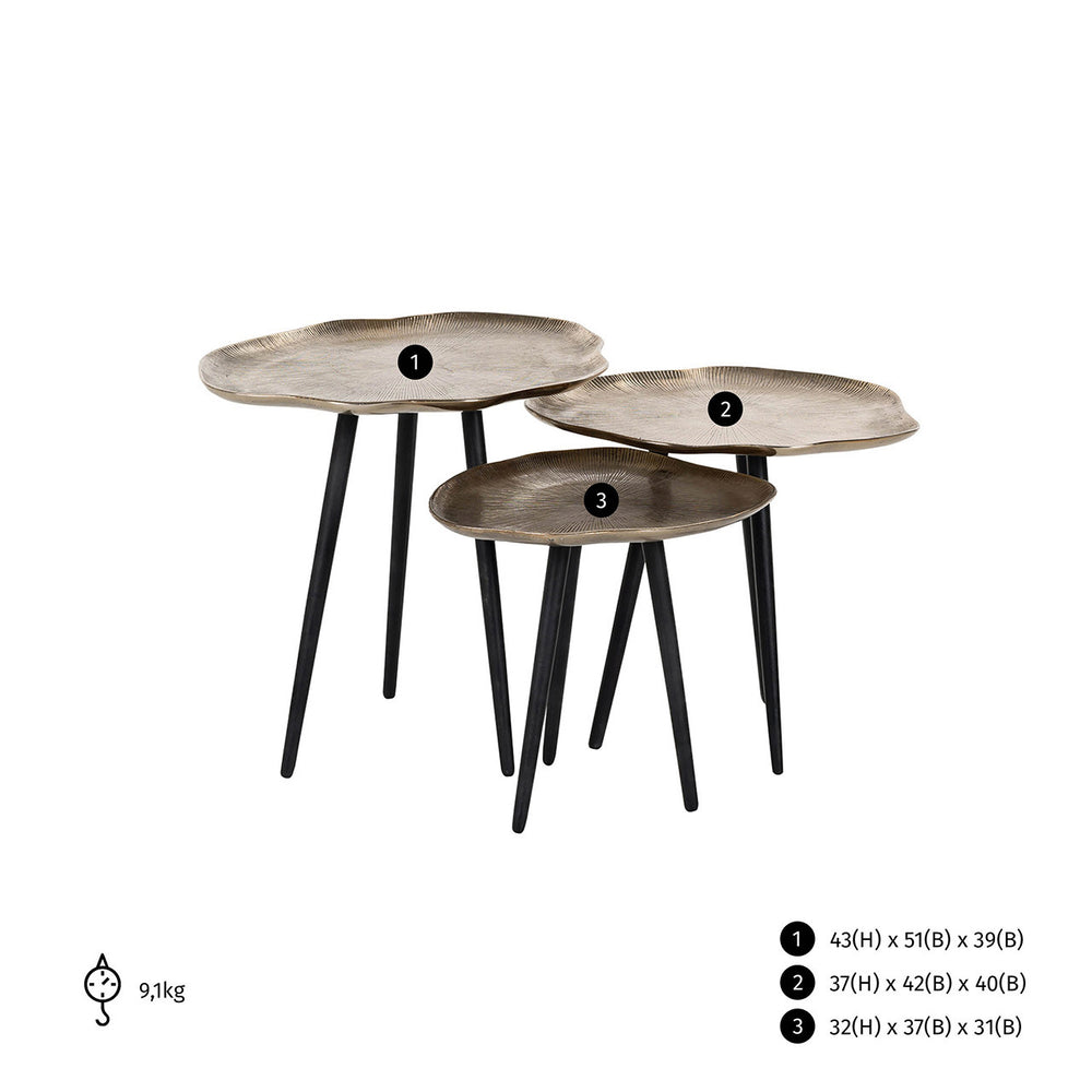 Măsuță de cafea Volenta, auriu champagne (set de 3) – desen tehnic cu dimensiuni