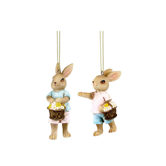 Ornament Iepuraș cu coșuleț, roz-albastru, 9 cm
