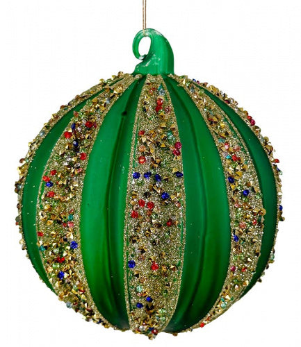 Glob din sticlă verde mat cu sclipici auriu și cristale, 12cm
