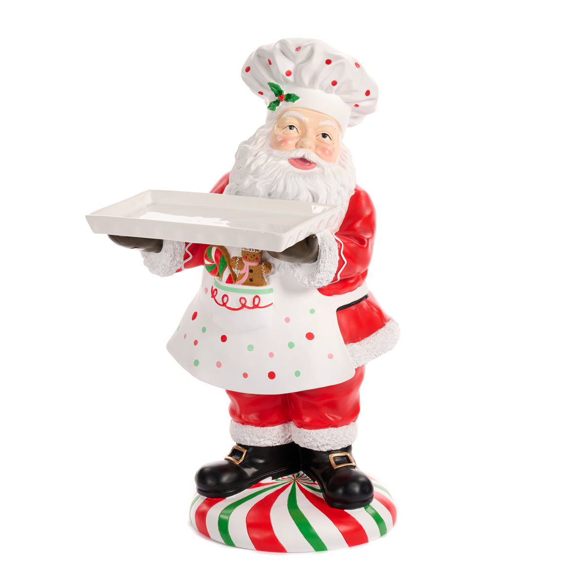 Moș Crăciun bucătar cu tavă din dolomită, roșu/alb, 67,5 cm