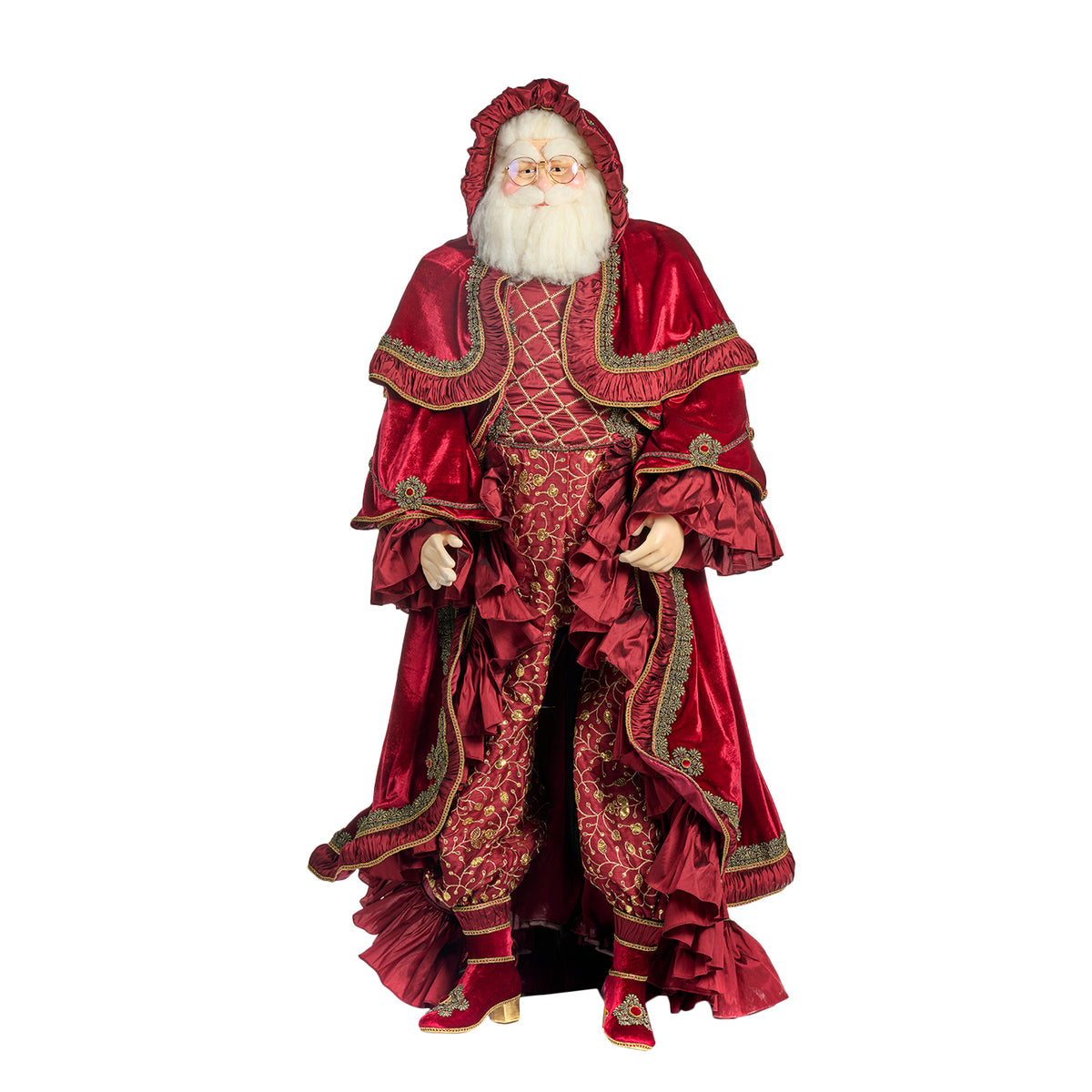 Moș Crăciun colindător victorian în mărime naturală, cu suport, burgund, 163 cm