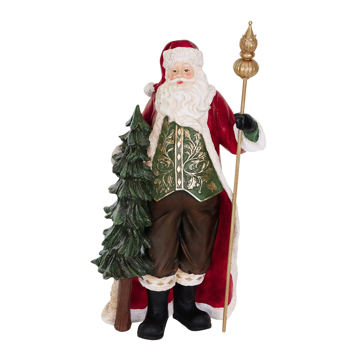 Moș Crăciun cu brad și toiag, roșu/verde/maro, 43,5 cm
