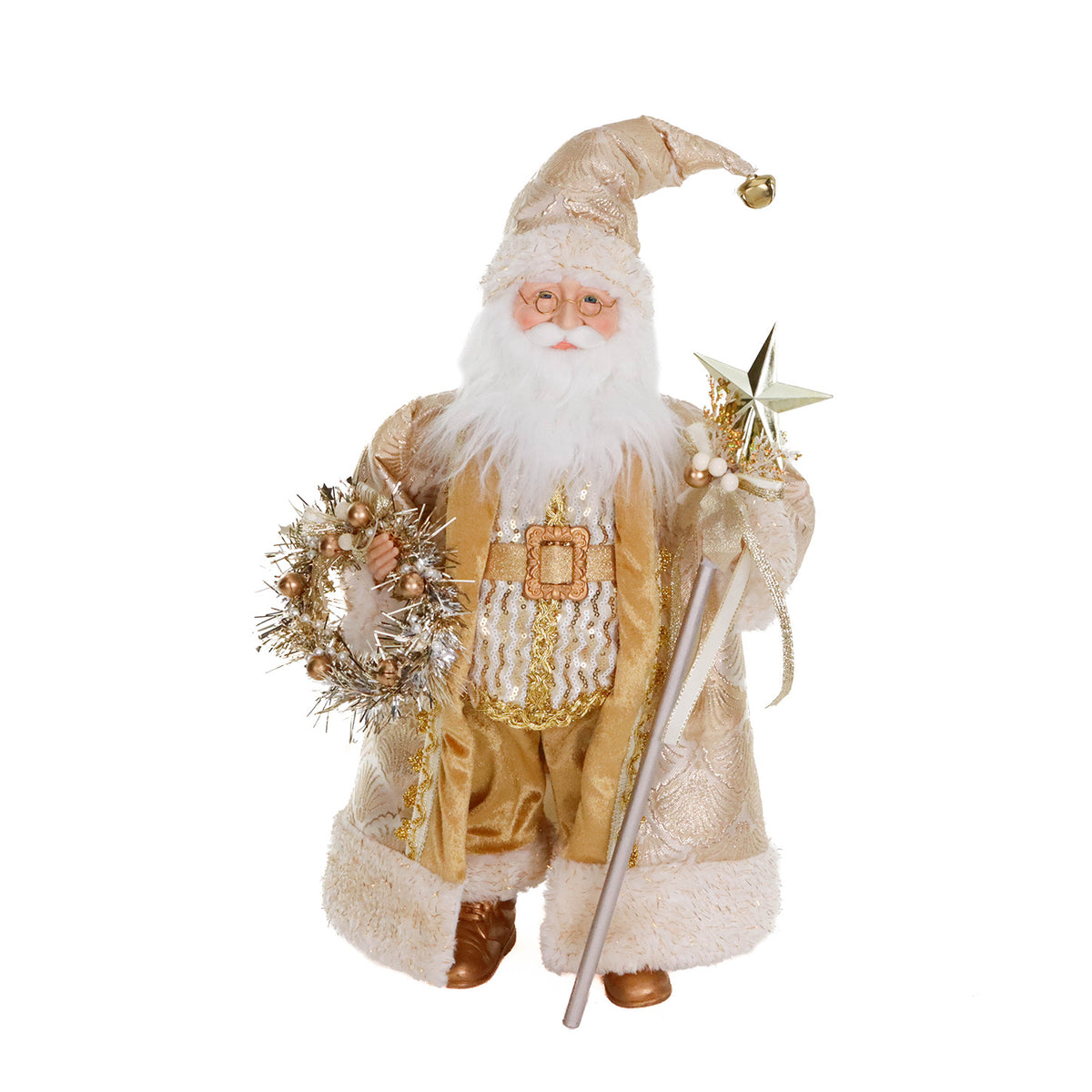 Moș Crăciun din textil cu coroniță și toiag, auriu/crem, 46 cm