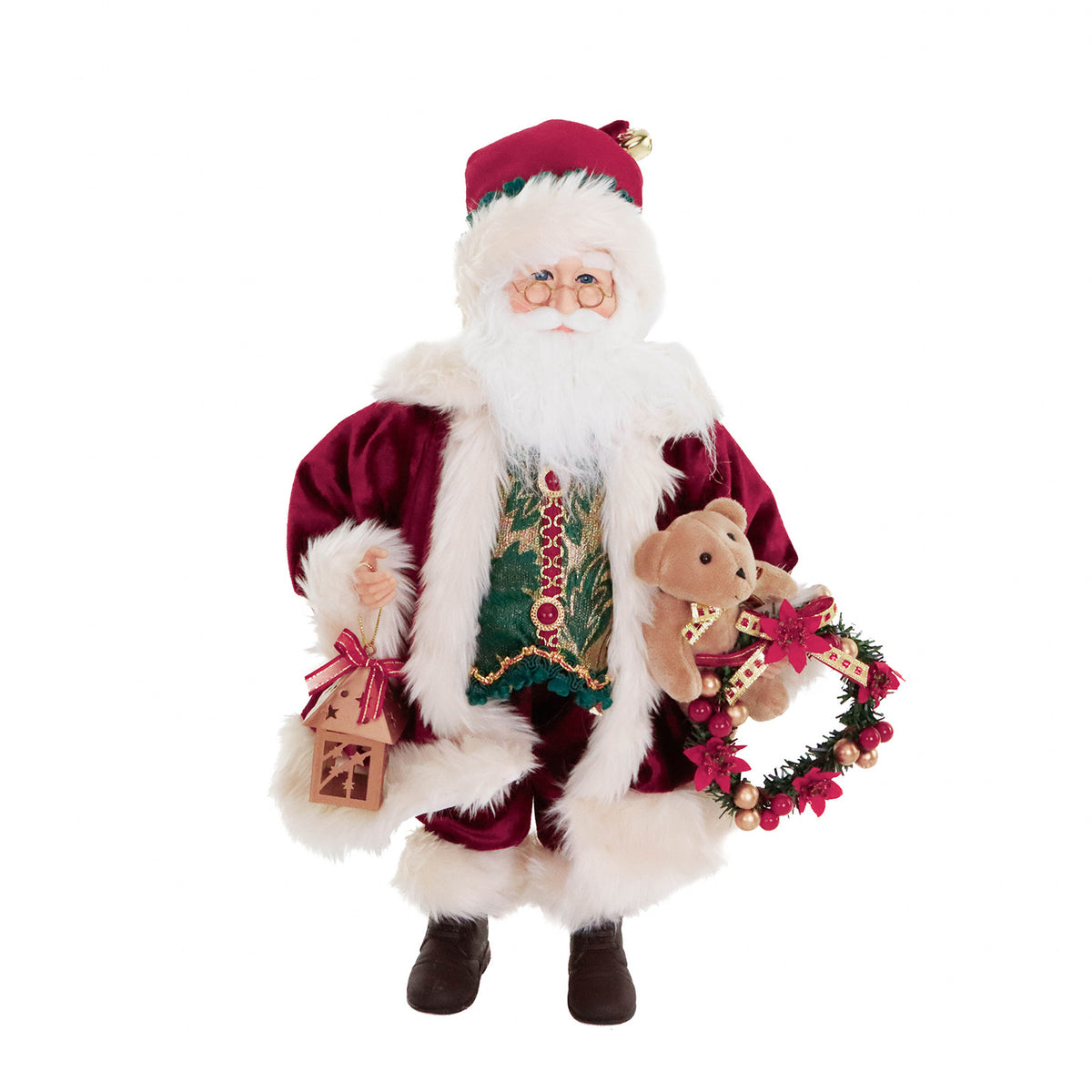 Moș Crăciun din textil cu ursuleț și felinar, roșu/verde/crem, 46 cm