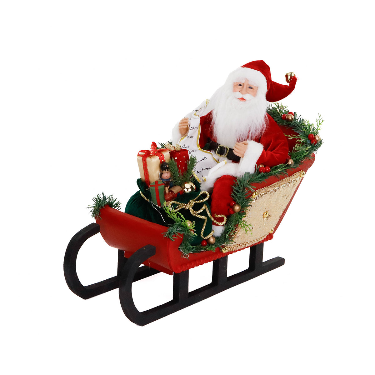 Moș Crăciun în sanie, cu listă și LED, din textil, roșu, 51 cm