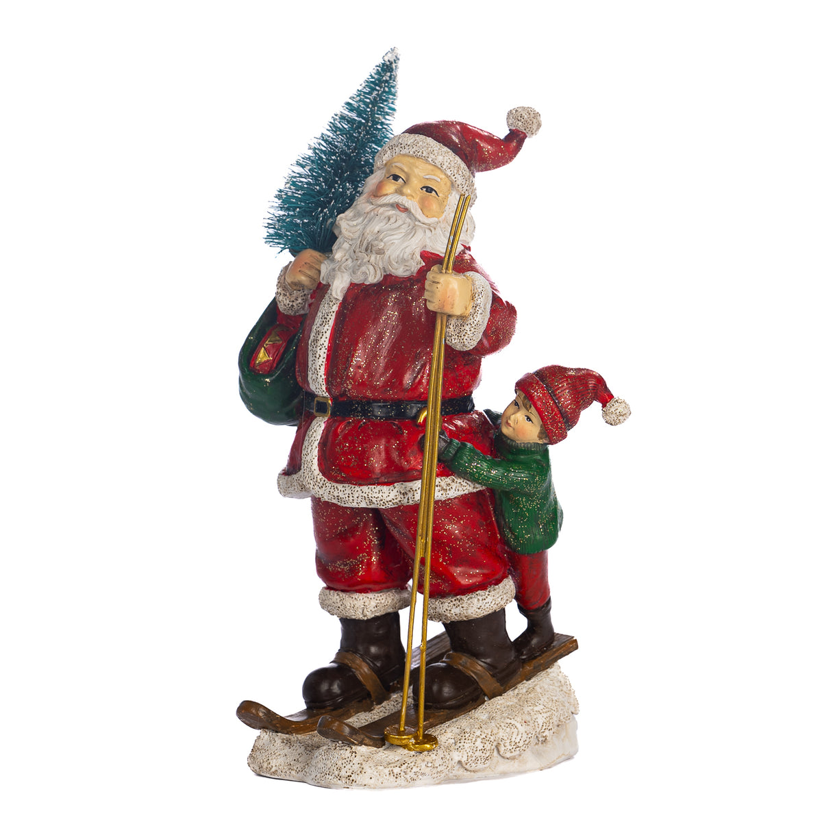 Moș Crăciun schior, cu băiețel, roșu/alb/verde, 22 cm