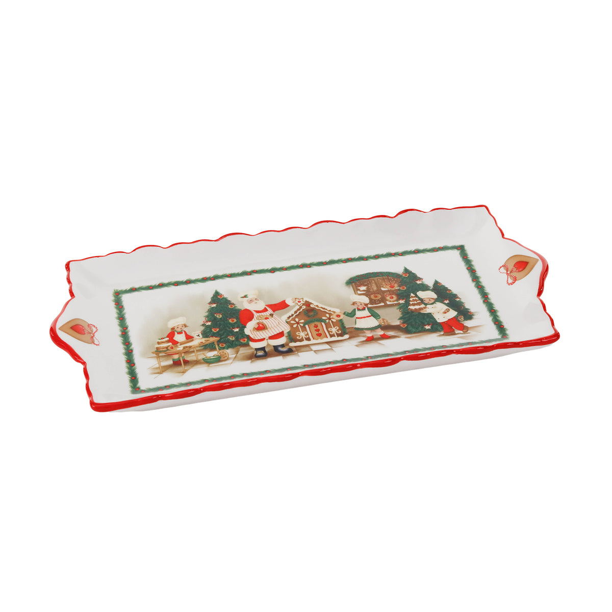 Moș Crăciun și copii la brutărie, pe tavă din dolomită, alb/roșu, 32,5 cm