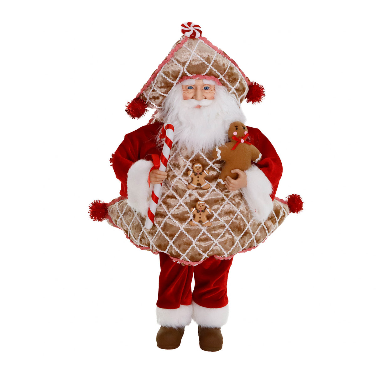 Moș Crăciun tip brad de turtă dulce cu bastonaș dulce, din textil, maro/roșu, 52 cm