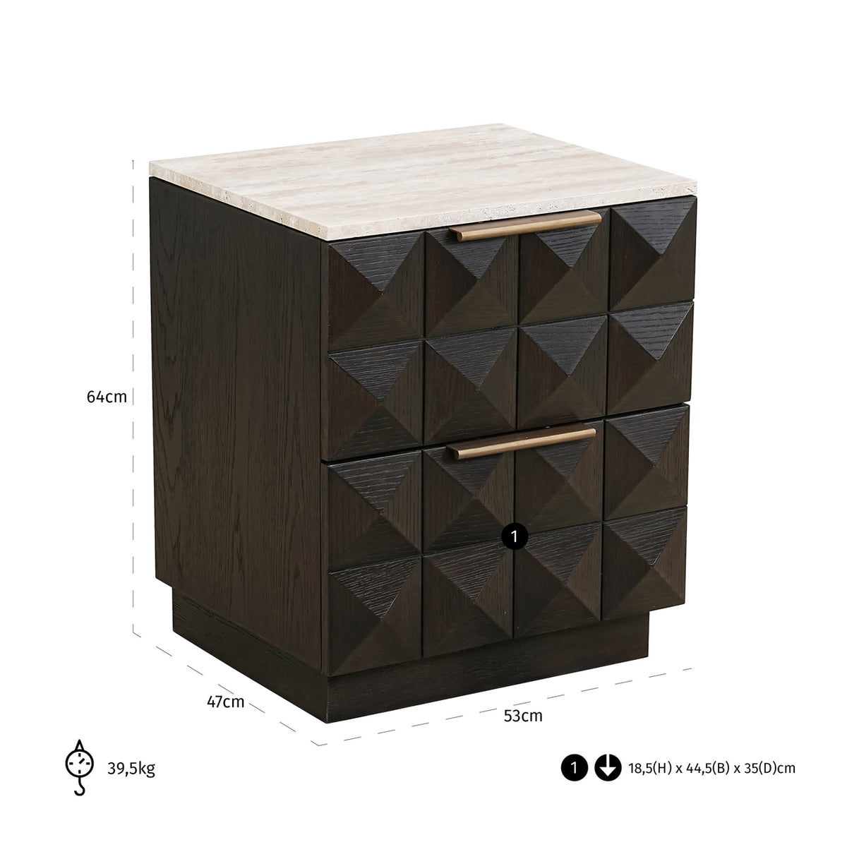 Noptieră Claremont, maro – desen tehnic cu dimensiuni