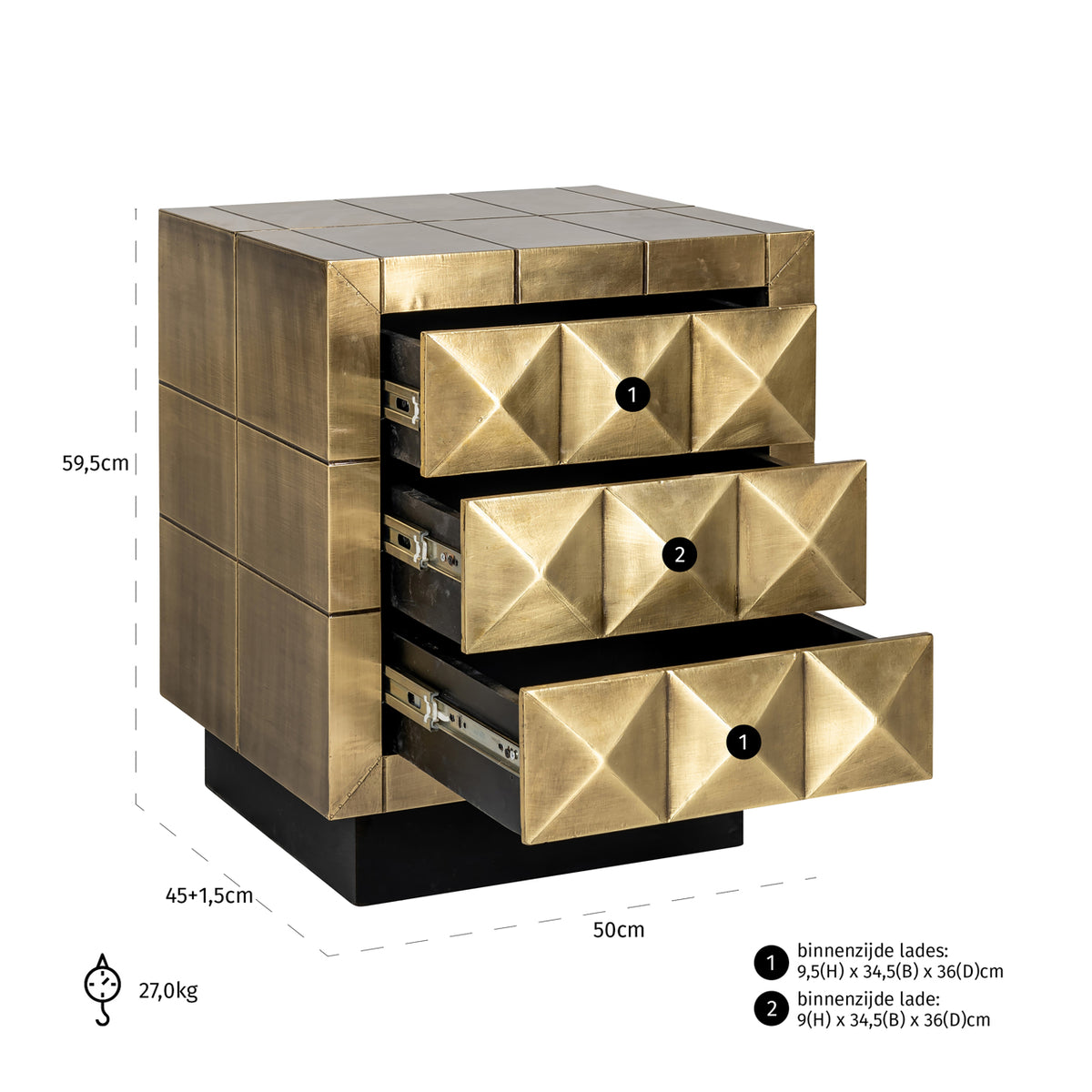 Noptieră Collada, auriu periat – desen tehnic cu dimensiuni