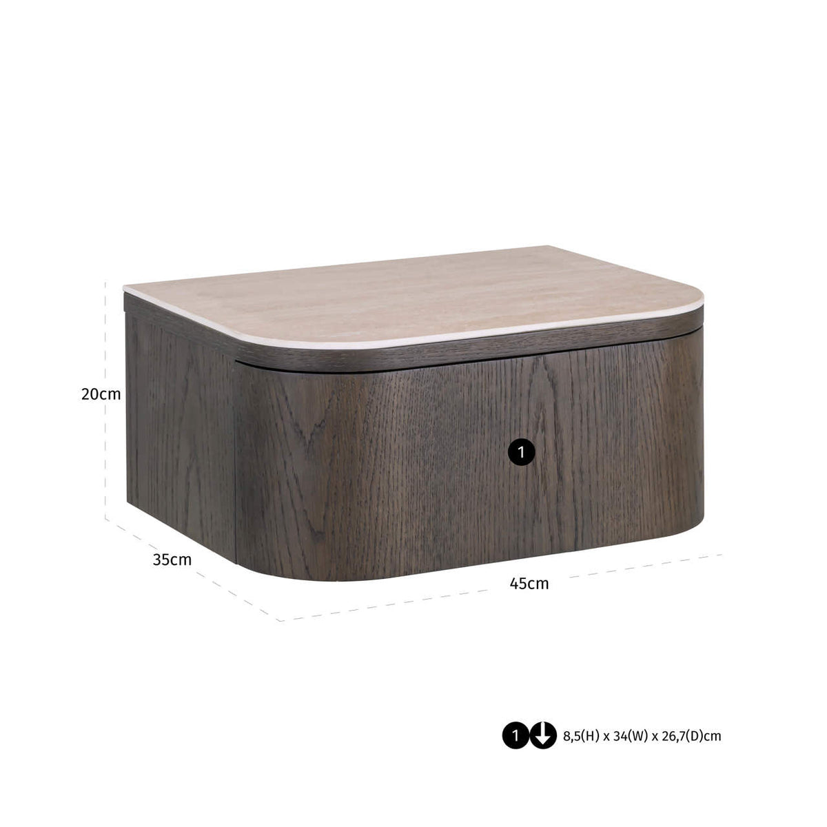 Noptieră Nando, maro – desen tehnic cu dimensiuni