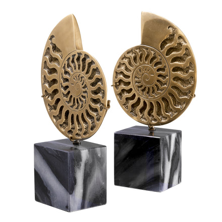 Obiect Ammonite, finisaj alamă vintage, set de 2