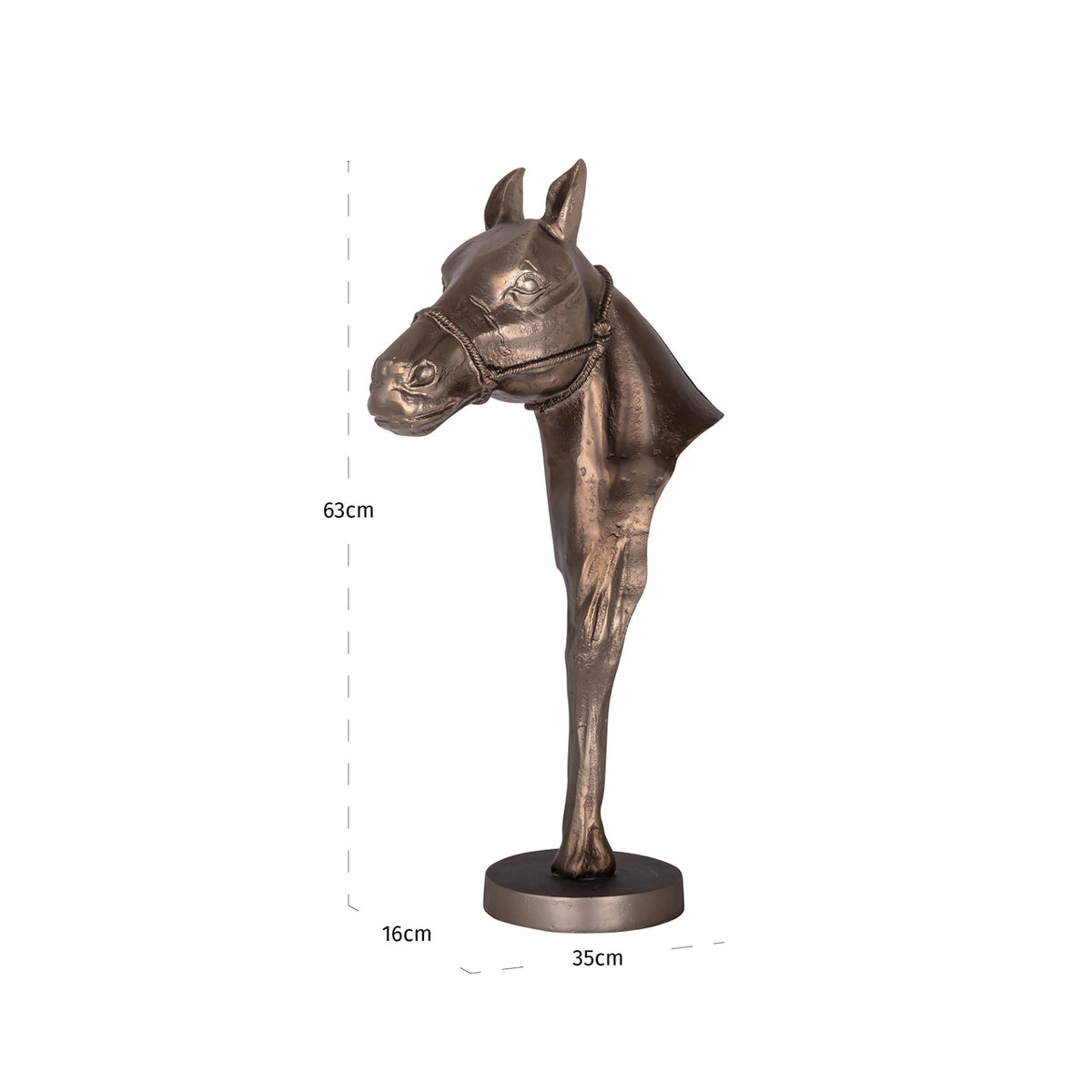 Obiect decorativ Jolly, alamă antichizată, cap de cal pe suport – desen tehnic cu dimensiuni