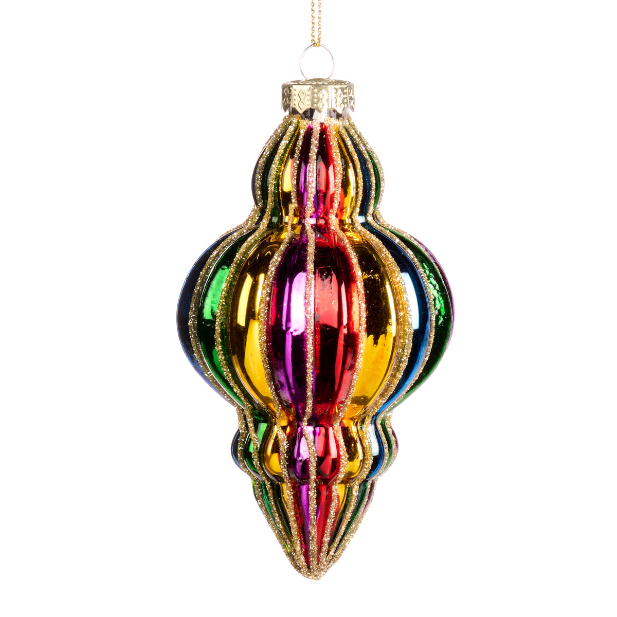 Ornament alungit 3D din sticlă, curcubeu striat, multicolor, 12 cm