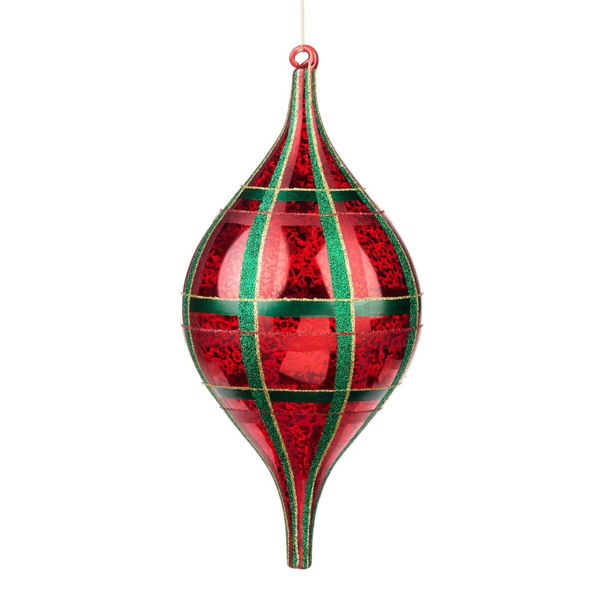 Ornament alungit din sticlă antichizată cu model tartan, roșu/verde/auriu, 33 cm