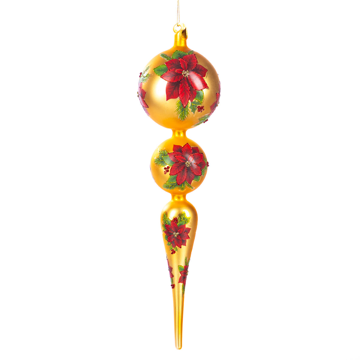 Ornament alungit din sticlă cu două globuri și crăciuniță, auriu/roșu/verde, 48 cm