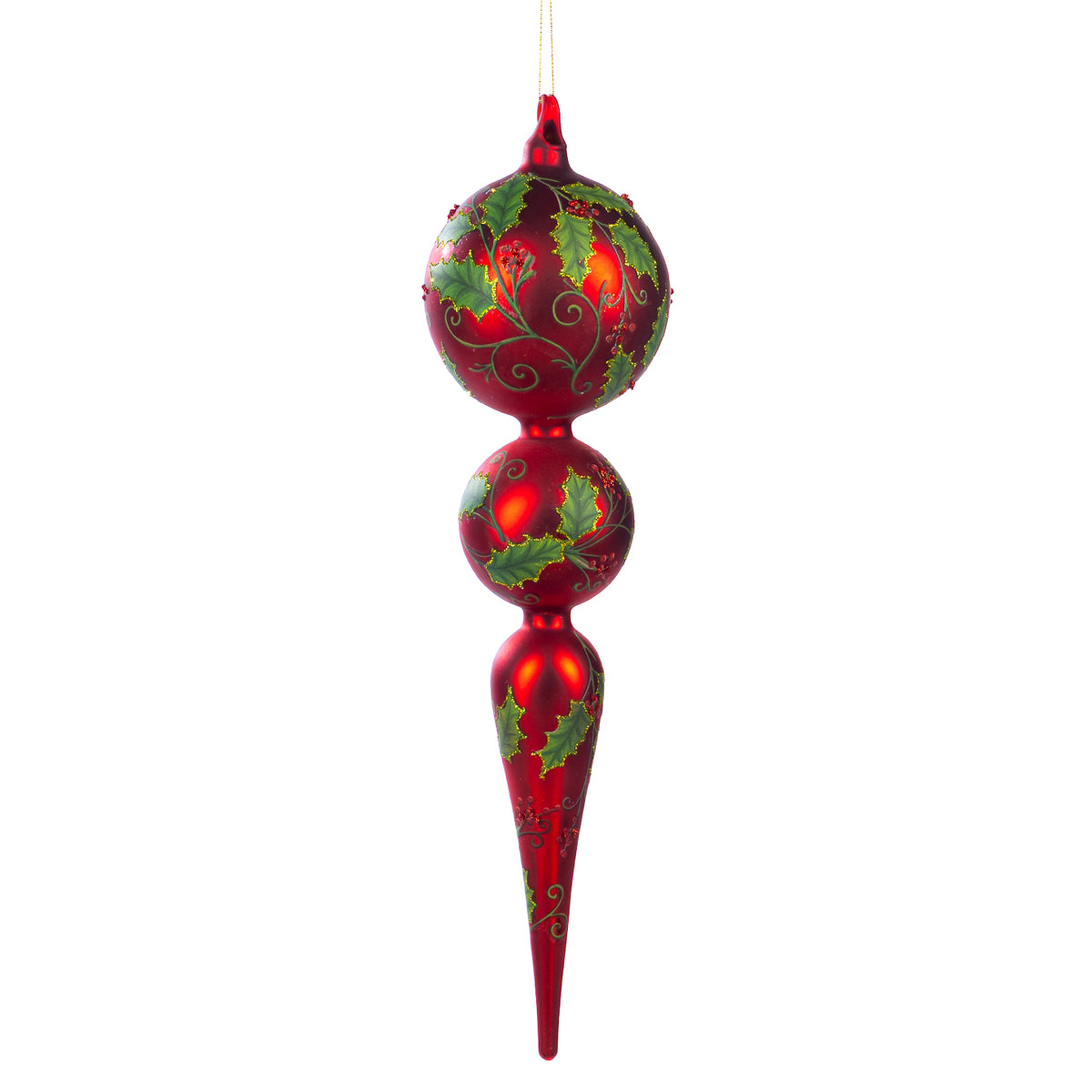 Ornament alungit din sticlă cu două globuri și ilice, roșu/verde, 48 cm