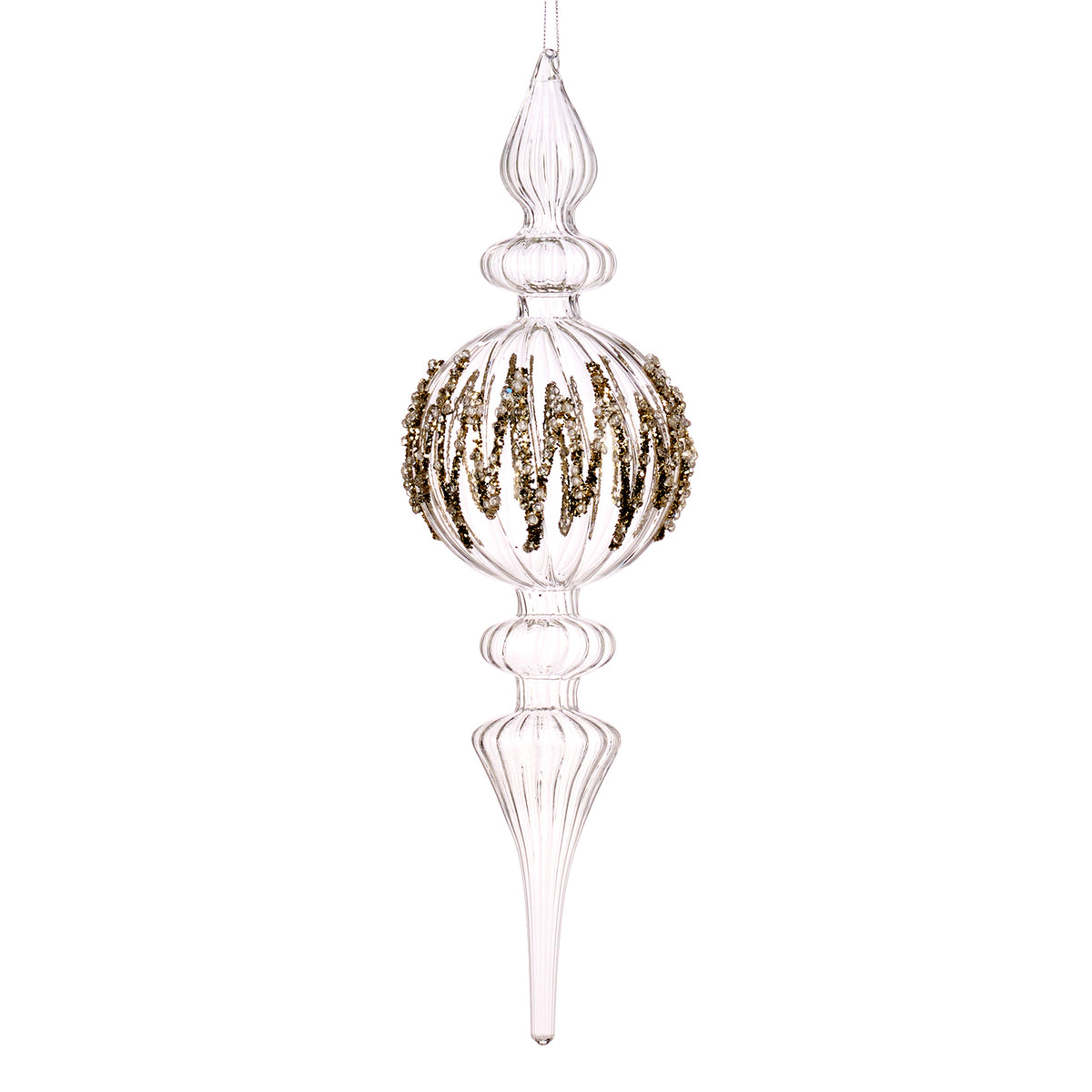 Ornament alungit din sticlă cu glob, pietre și model zigzag, transparent/auriu, 35 cm