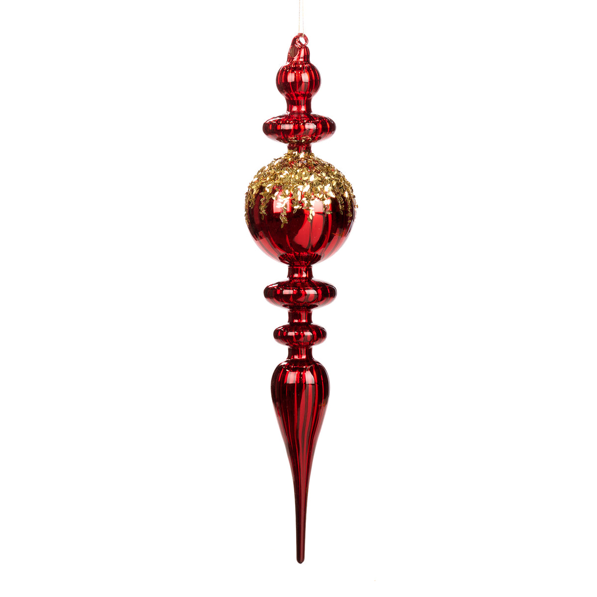Ornament alungit din sticlă cu glob și folie în vârf, roșu/auriu, 46 cm
