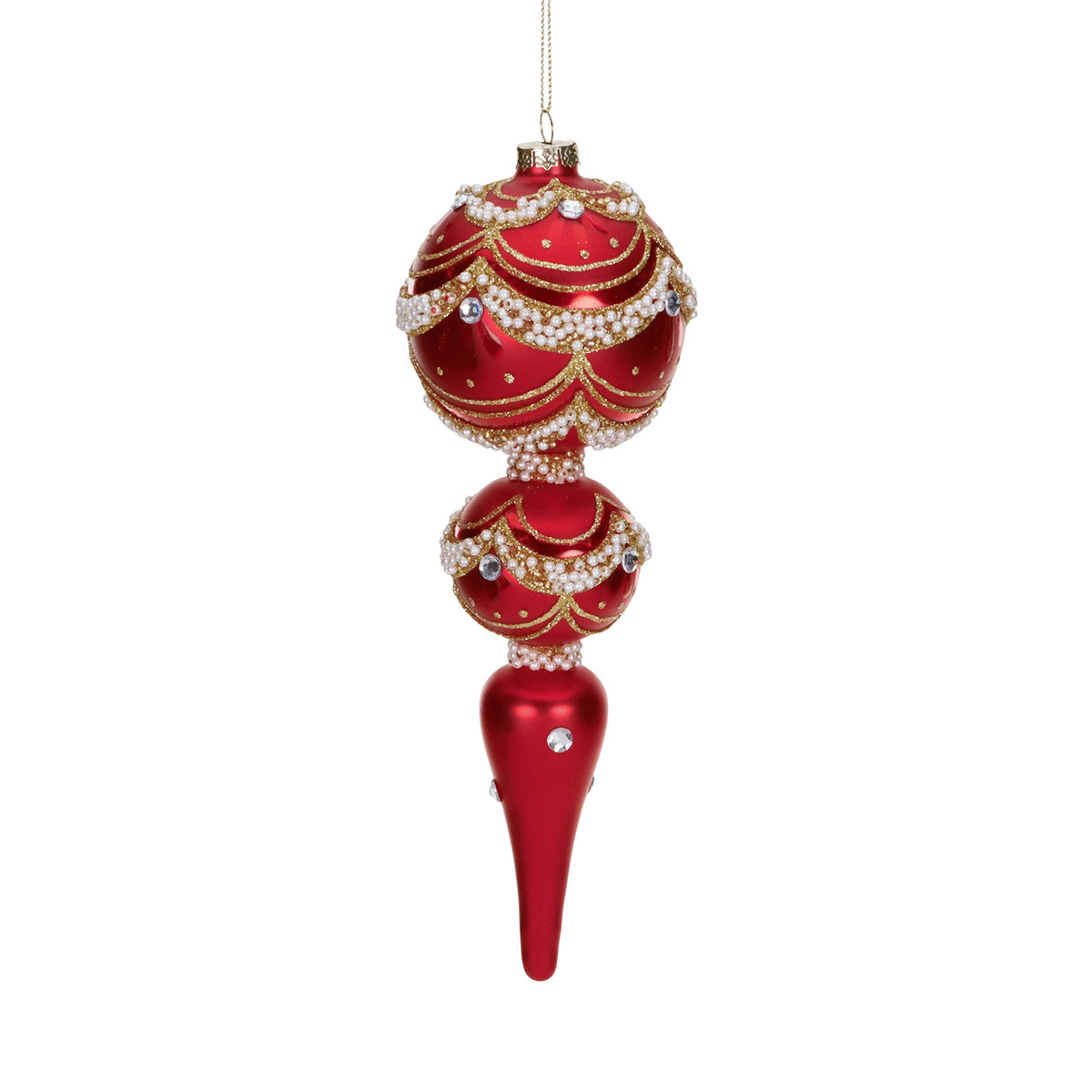 Ornament alungit din sticlă cu perle și margini festonate, roșu/auriu, 23 cm