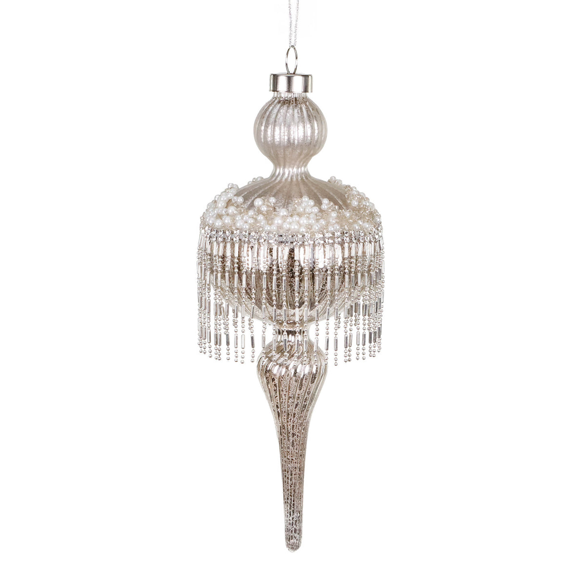 Ornament alungit din sticlă cu perle și pandantive din mărgele, argintiu, 23 cm
