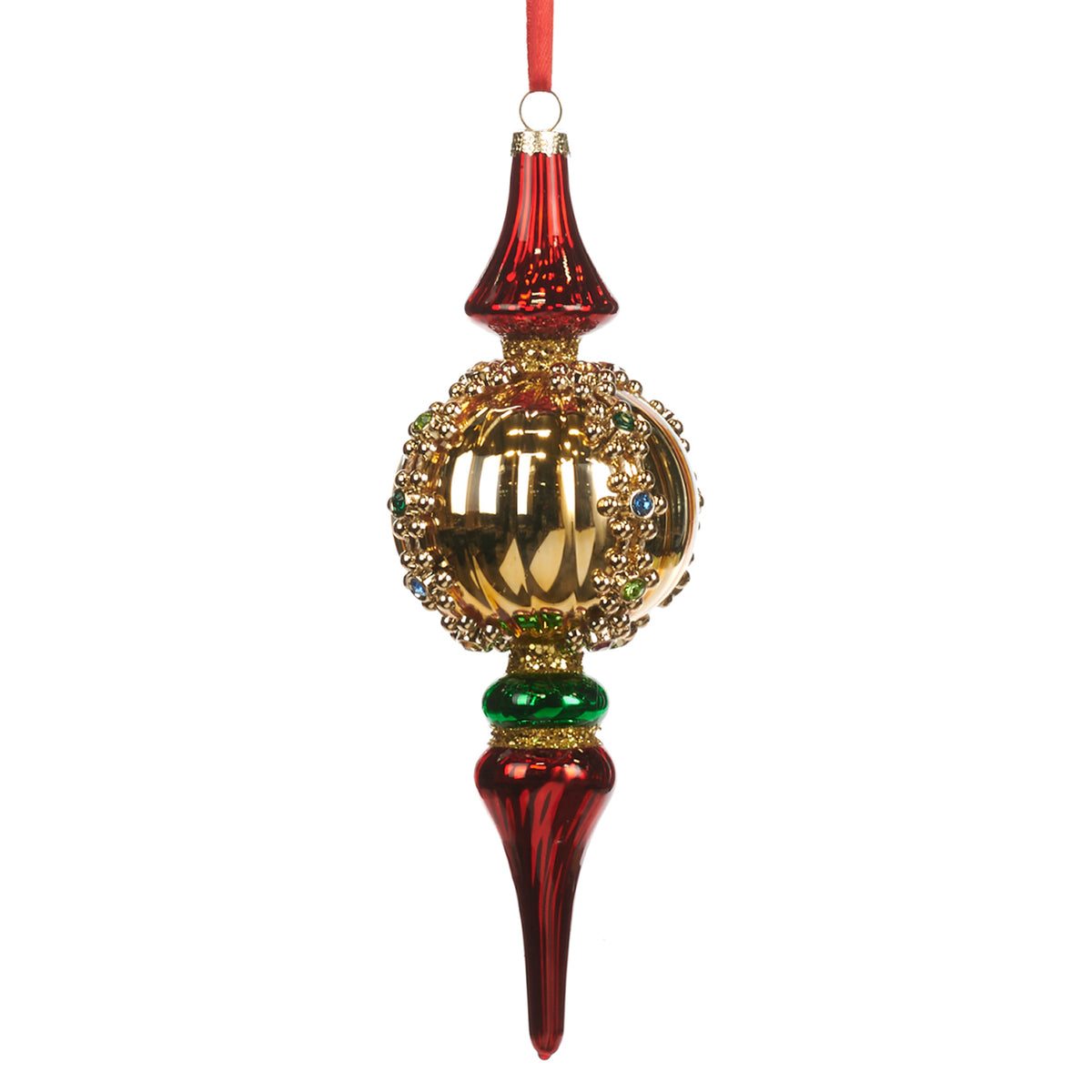 Ornament alungit din sticlă cu pietre și dungi, auriu/roșu/verde, 21,5 cm