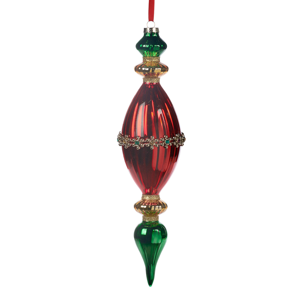 Ornament alungit din sticlă cu pietre și dungi, roșu/verde/auriu, 34,5 cm