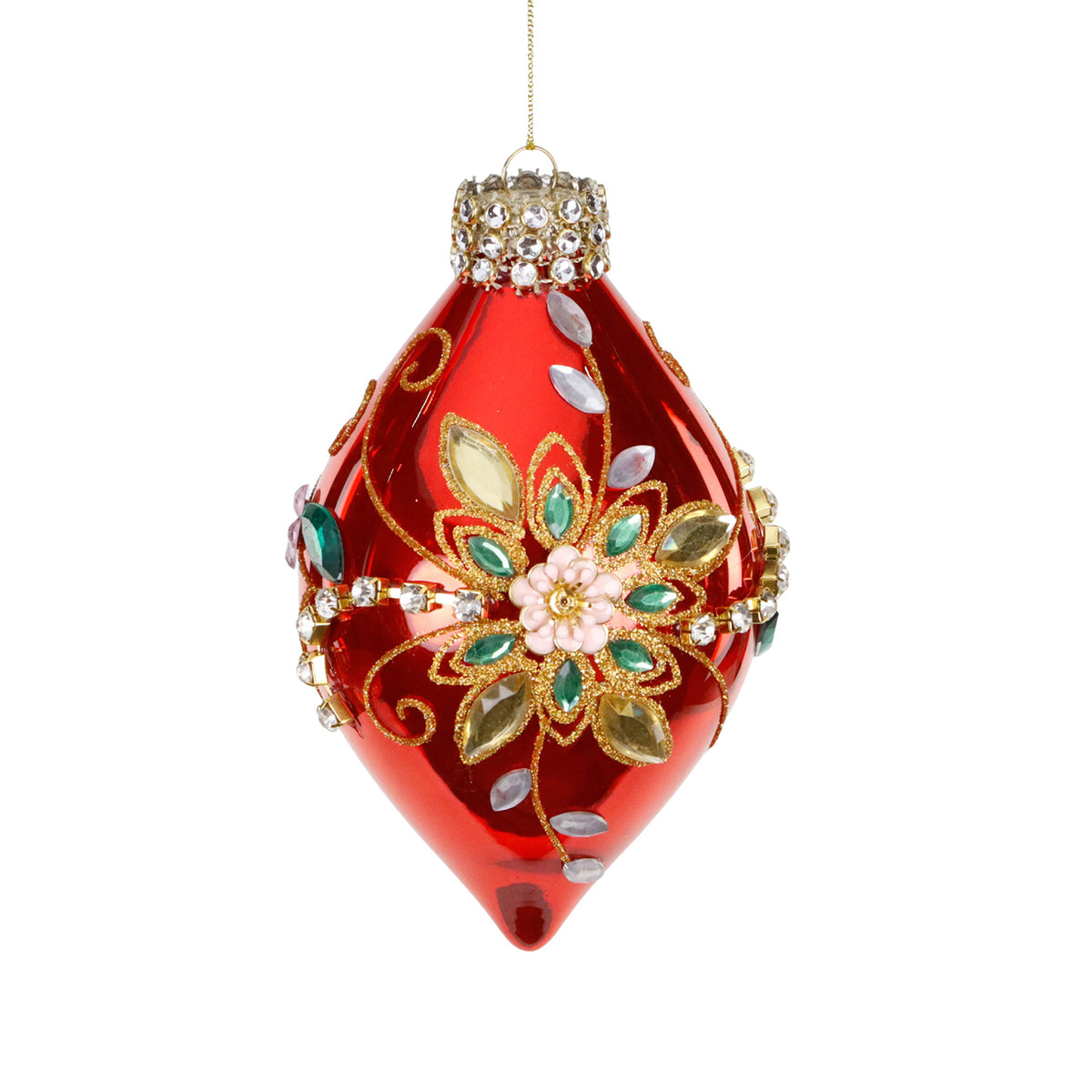 Ornament alungit din sticlă cu pietre și floare 3D, roșu/auriu, 14,5 cm
