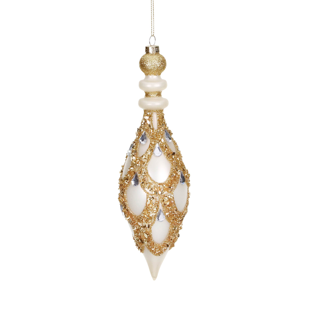 Ornament alungit din sticlă cu pietre și margine festonată, crem/auriu, 20,5 cm