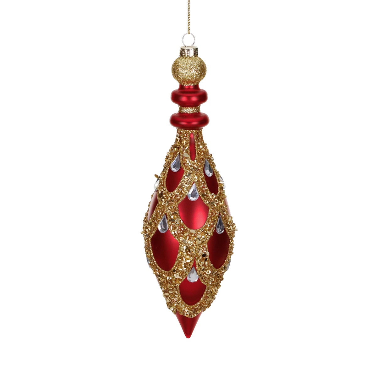 Ornament alungit din sticlă cu pietre și margini festonate, roșu/auriu, 20,5 cm
