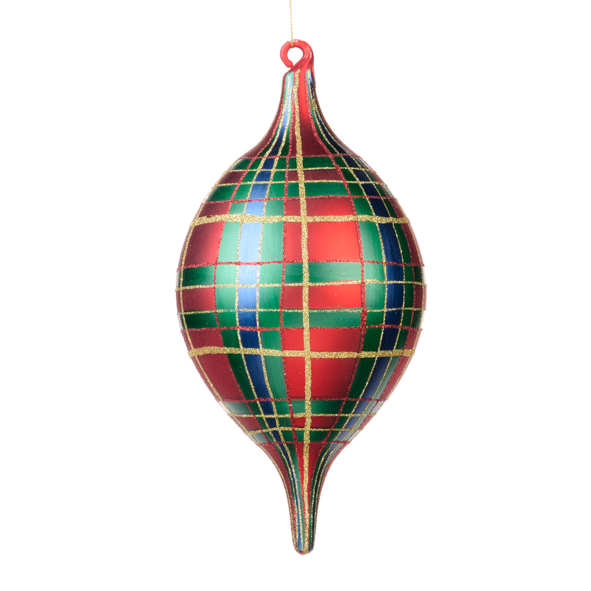 Ornament alungit din sticlă cu sclipici și model tartan, roșu/verde/albastru/auriu, 33 cm