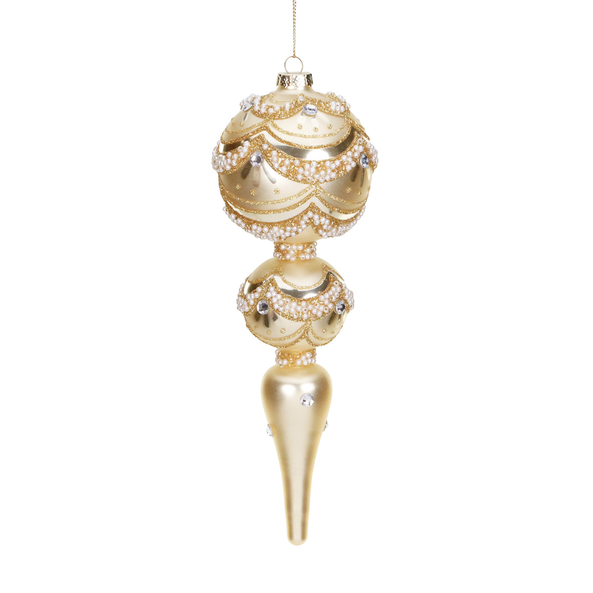 Ornament alungit din sticlă cu scoică și perle, crem/auriu, 23 cm