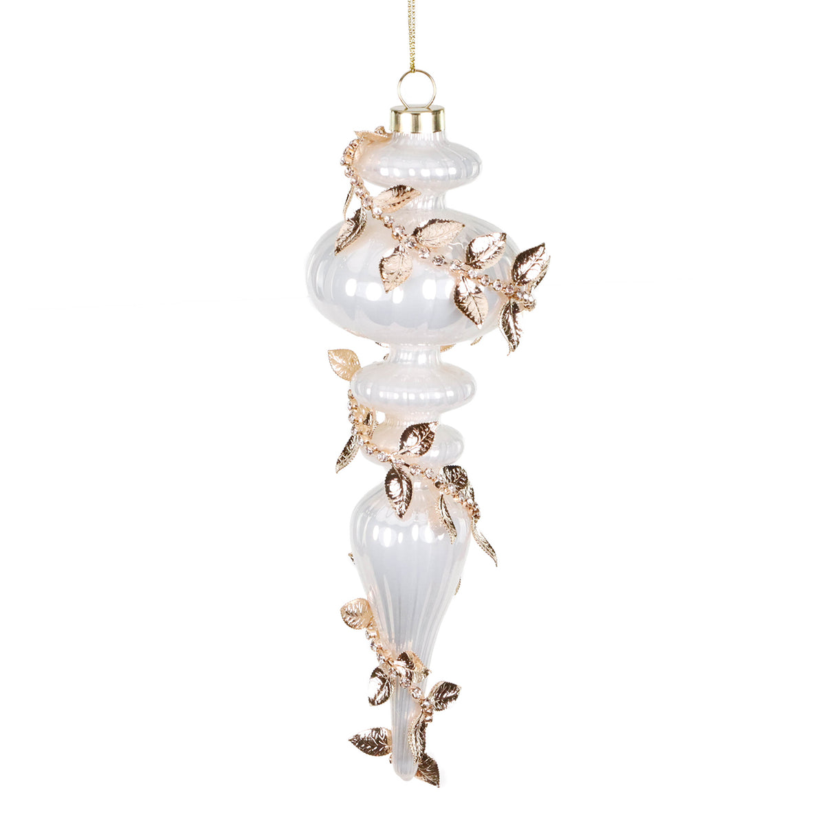 Ornament alungit din sticlă cu viță 3D, alb/auriu, 23,5 cm