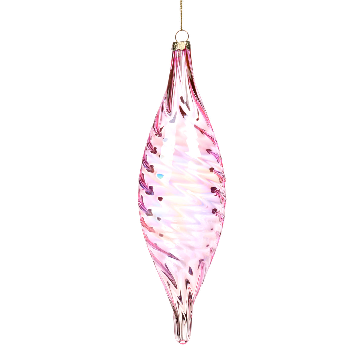 Ornament alungit din sticlă irizată cu model spiralat, roz/multicolor, 22 cm
