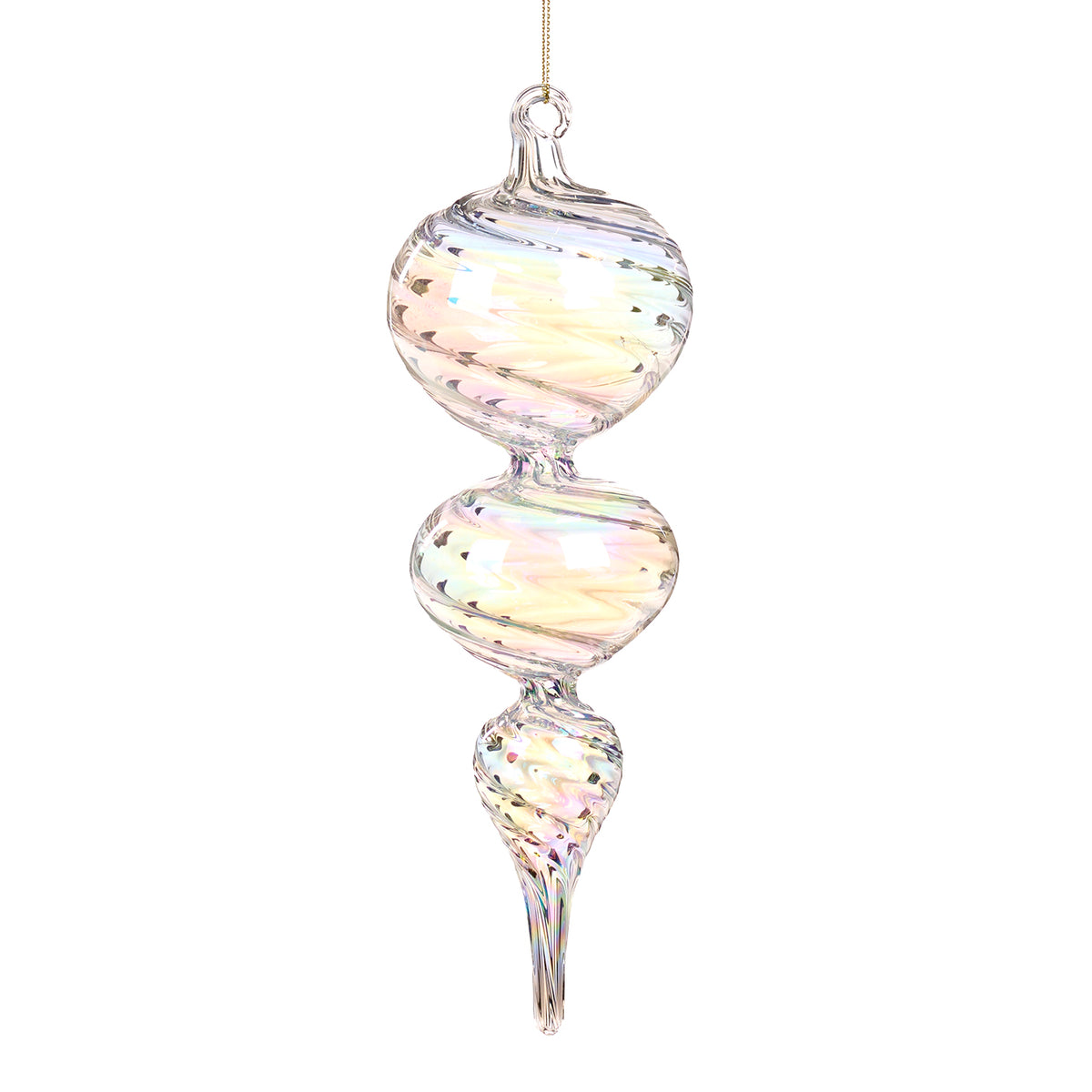 Ornament alungit din sticlă irizată cu model spiralat, transparent/multicolor, 21 cm