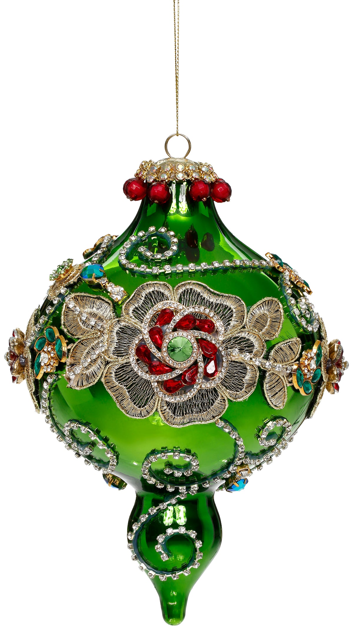 Ornament alungit Kings Jewel extra elaborat, verde, 20 cm