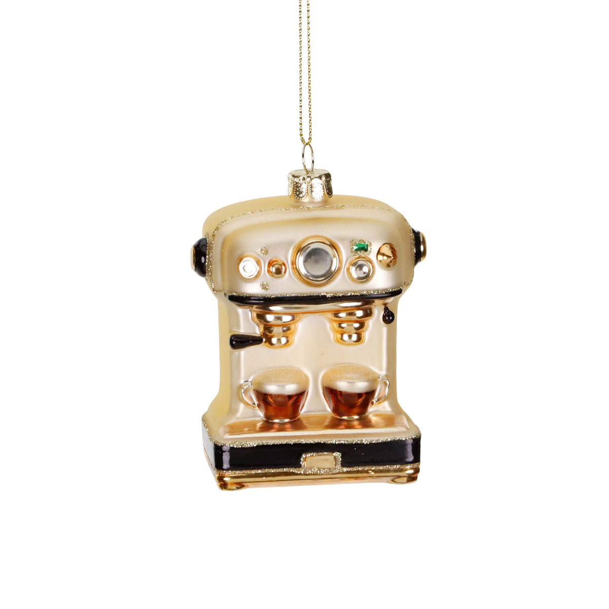 Ornament aparat de cafea din sticlă, crem/negru/auriu, 9 cm