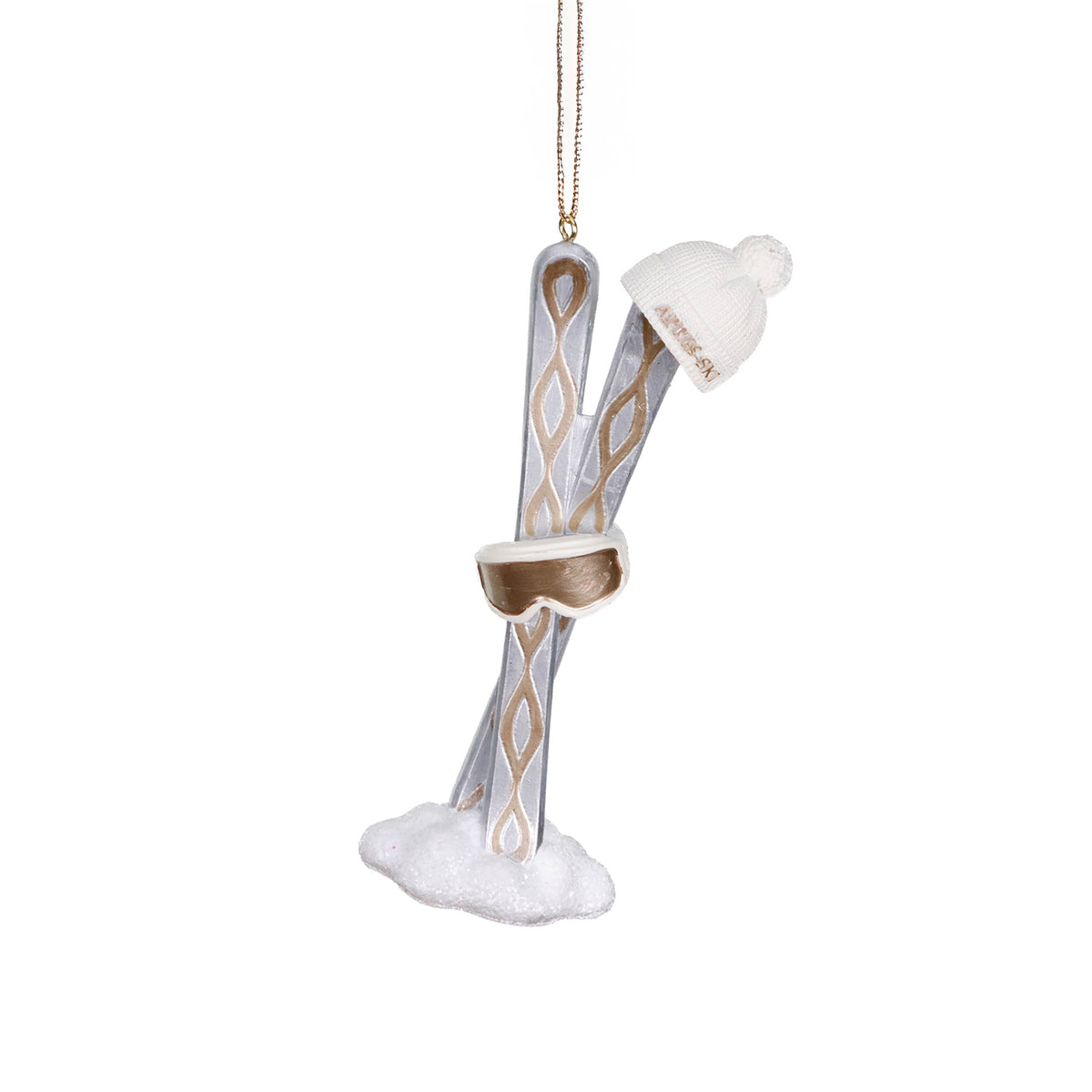 Ornament Après Ski cu pălărie și ochelari de schi, alb/șampanie/auriu, 15,5 cm