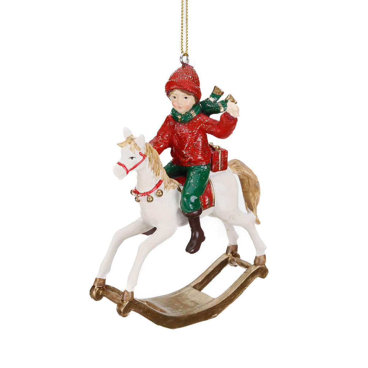 Ornament băiat pe căluț balansoar, roșu/crem, 12 cm
