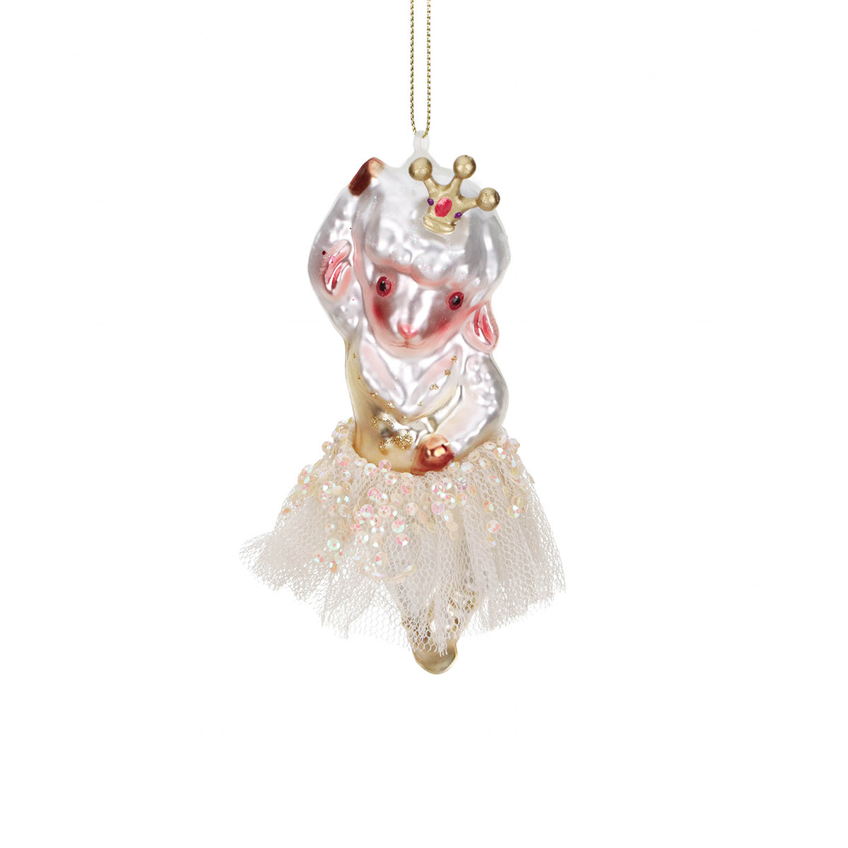 Ornament balerină oaie/capră din sticlă, crem/auriu, 14 cm