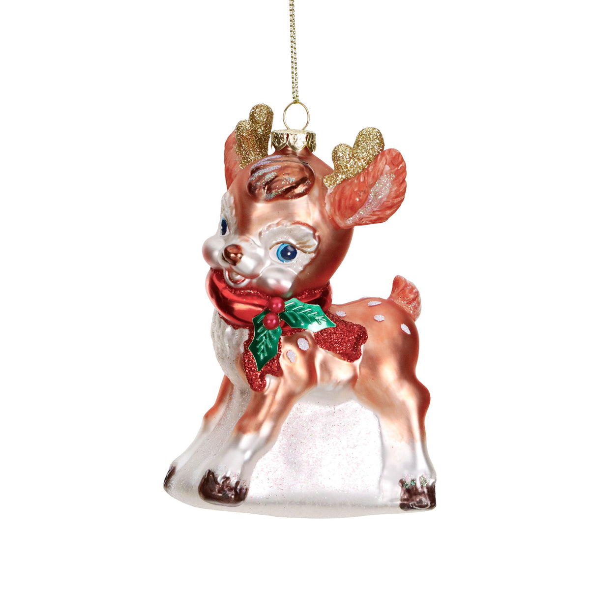 Ornament Bambi retro din sticlă, maro/alb, 12,5 cm