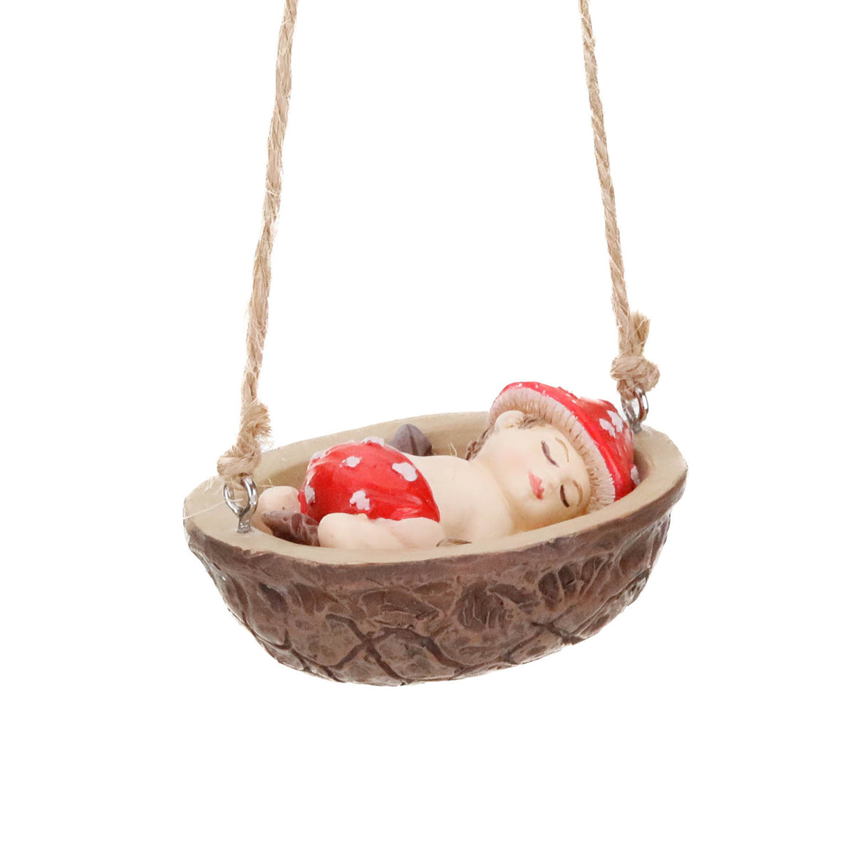 Ornament bebeluș-ciupercă adormit într-o nucă, roșu/maro, 6 cm