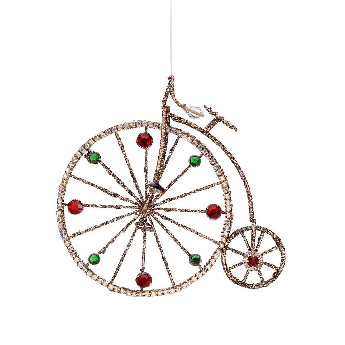 Ornament bicicletă cu roată mare din sârmă metalică și pietre, auriu, 14 cm