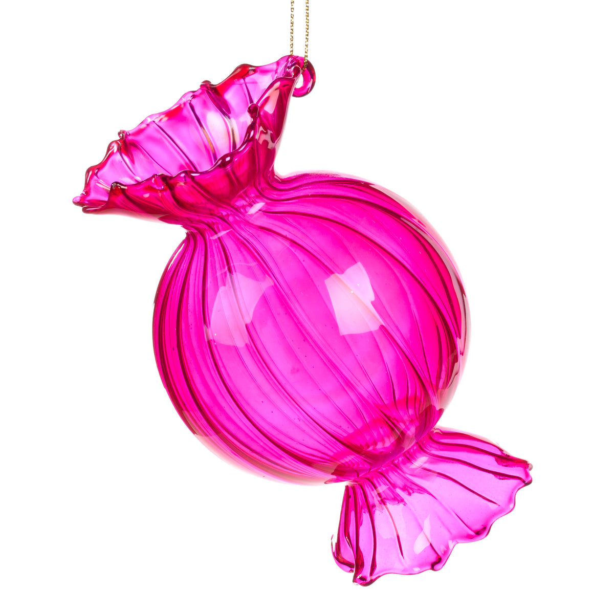 Ornament bomboană cu dungi din sticlă, roz aprins, 11 cm